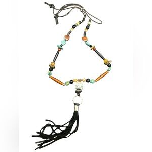 Artisan Southwest Turquoise Buffalo Horn Leather Lariat Tassel Necklace 29-37”